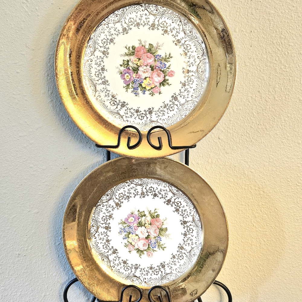 Vintage Gold Decorative Pair of Floral Accent Dinner Plates